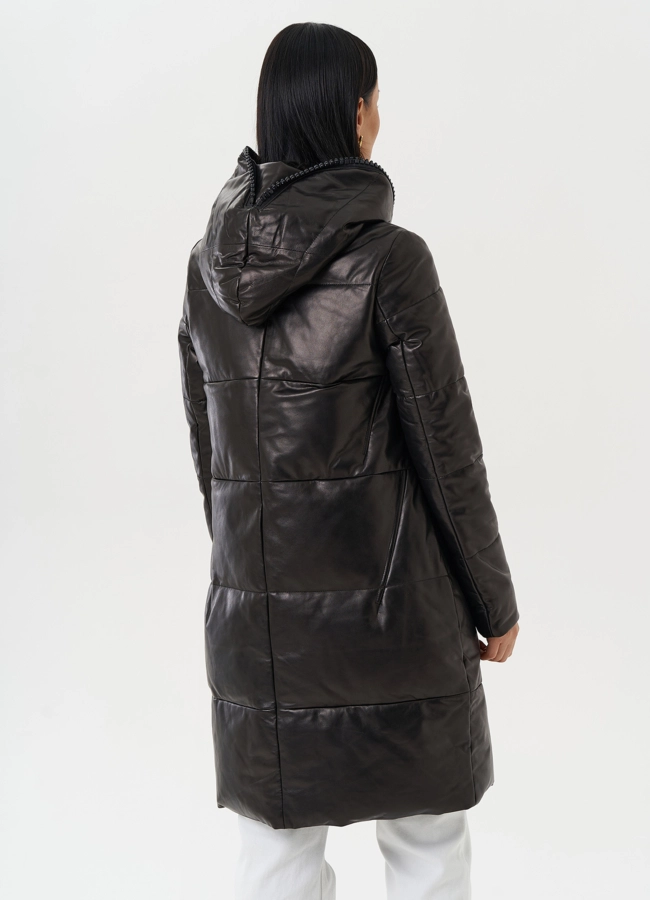 Кожаный пуховик с капюшоном модель № 15013 универмаг малина