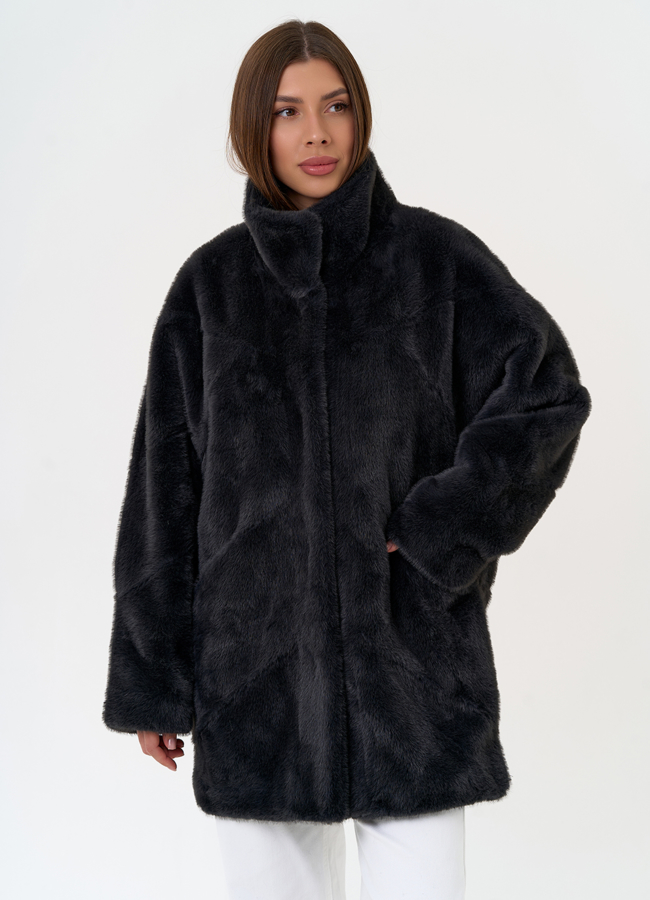 фото Женская шуба из эко меха с воротником стойкой модель № 31275
