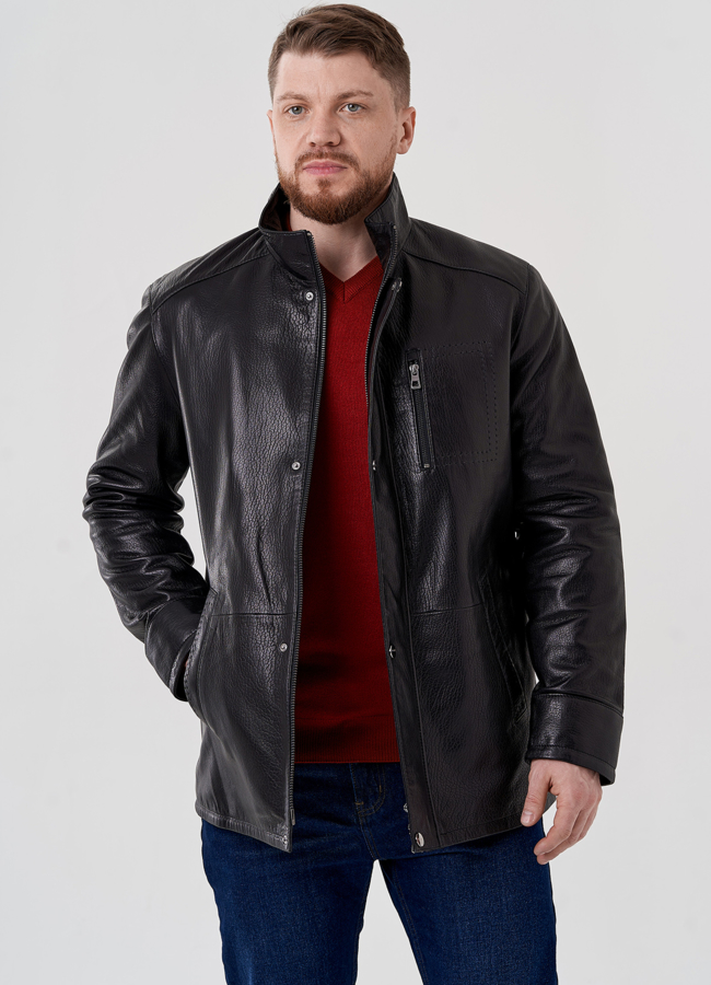 Мужская куртка из натуральной кожи  модель № 24389 меха малина