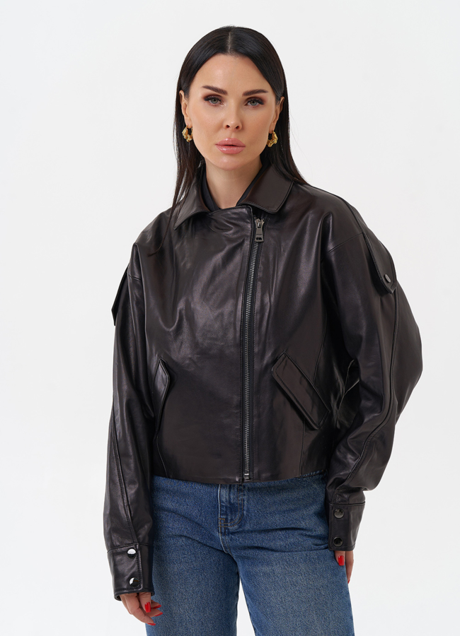 Черная кожаная куртка модель № 29914 универмаг малина