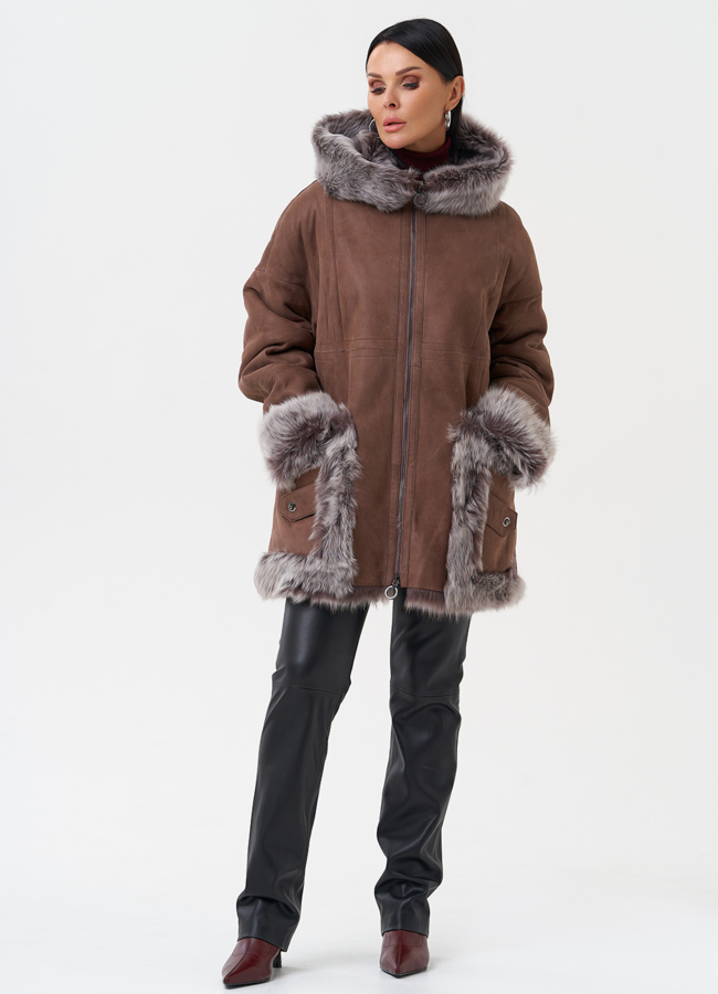 фото Натуральная дубленка с капюшоном модель № 28700