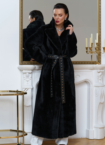 Женская натуральная дубленка с двойным поясом