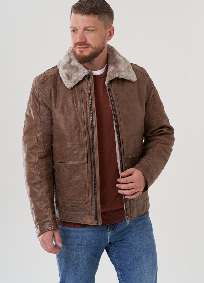 Куртка мужская из натуральной кожи  модель № 82310 меха малина
