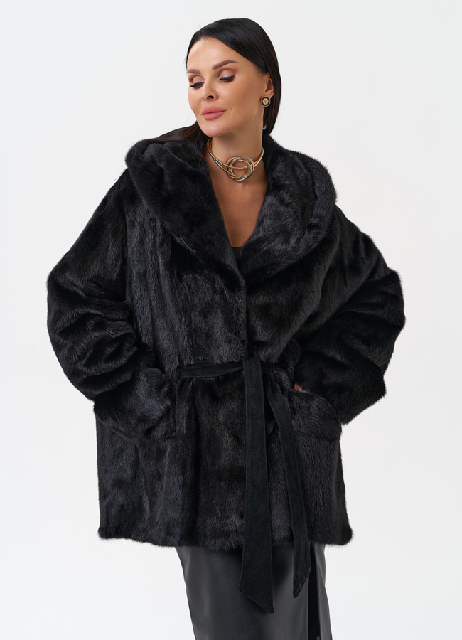 Женская норковая шуба с капюшоном  модель № 29104 меха малина