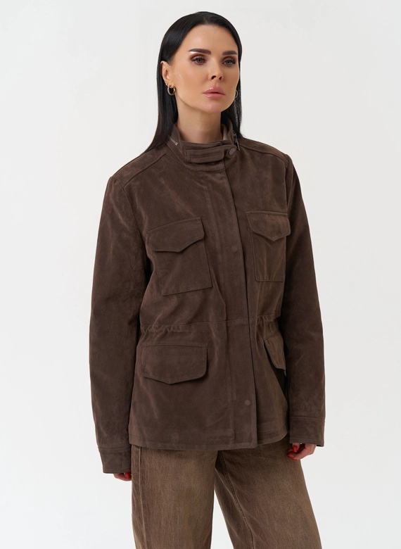Женская парка из эко замши коричневого цвета