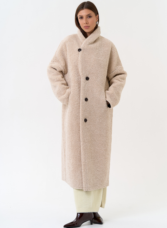 Женская двухсторонняя дубленка из эко замши с воротником шаль