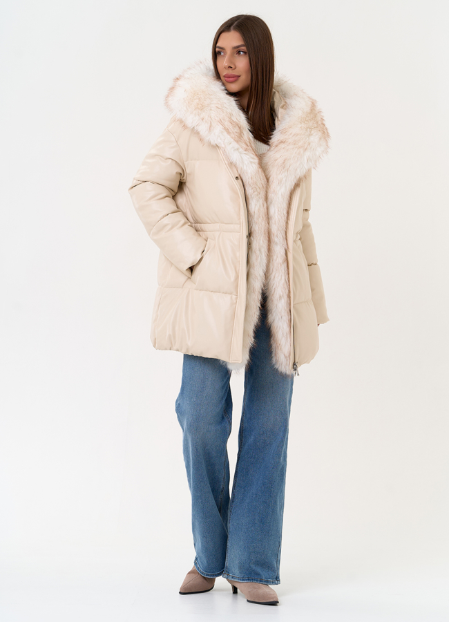 Женский пуховик из эко кожи с отделкой из эко меха модель № 30733 универмаг малина