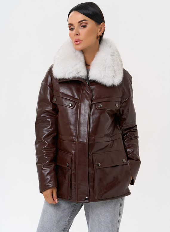 Коричневый кожаный пуховик