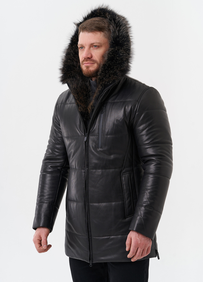 Пуховик из натуральной кожи с отделкой из меха енота модель № 25458 универмаг малина