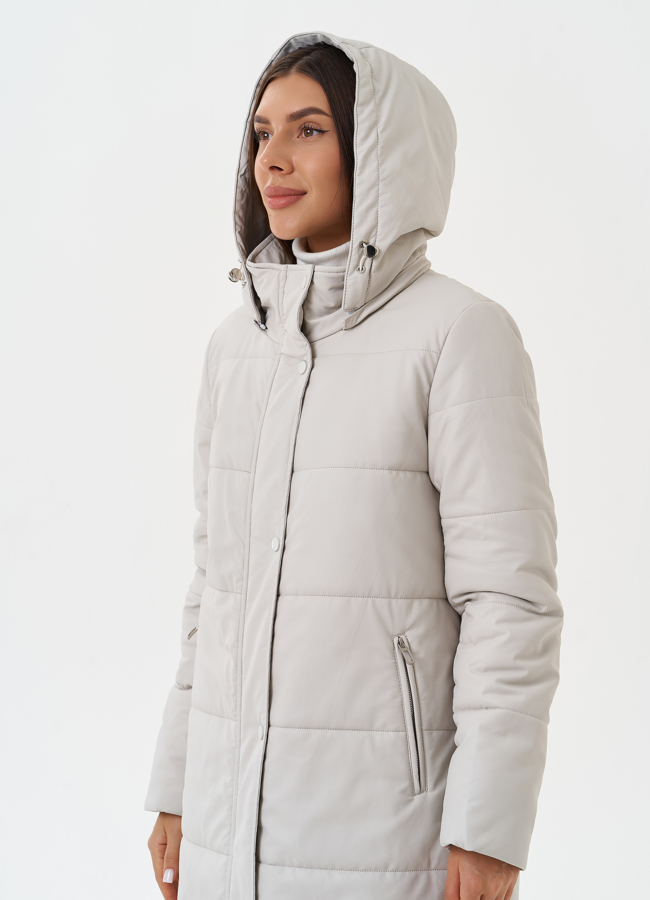 Светлый пуховик из эко кожи  модель № 27728 универмаг малина