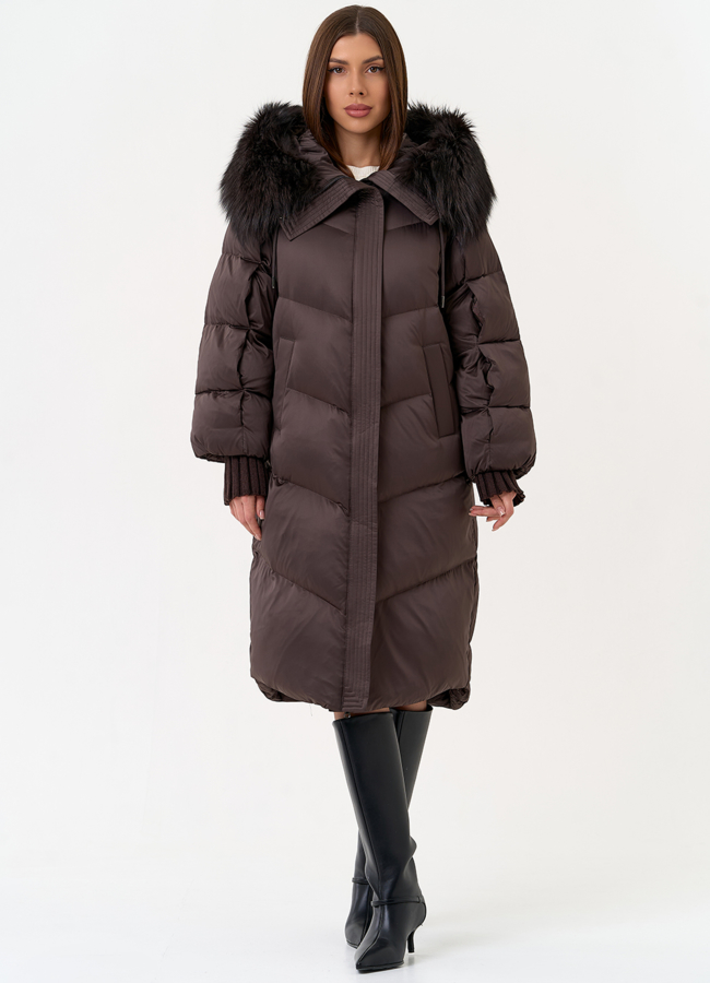 Женский пуховик с капюшоном из меха чернобурки модель № 31443 меха малина