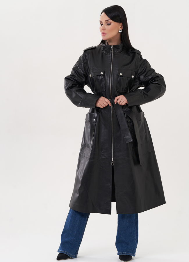 Плащ из натуральной кожи черного цвета модель № 26954 в кредит