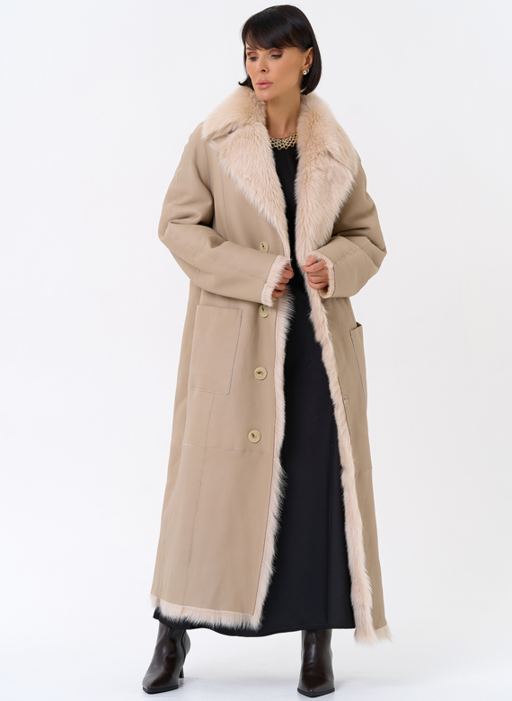 Женская двухсторонняя дубленка с поясом