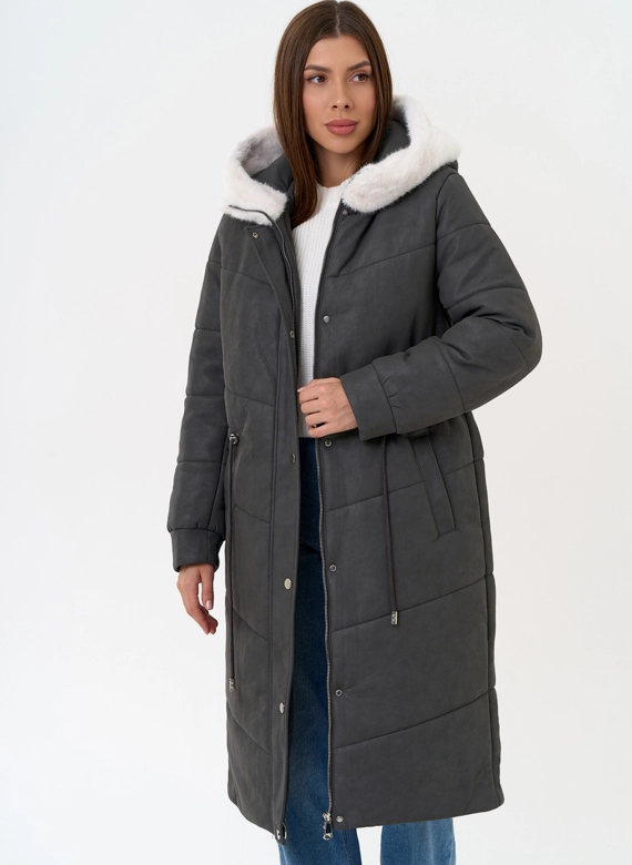 Женское пальто из эко кожи с капюшоном фото