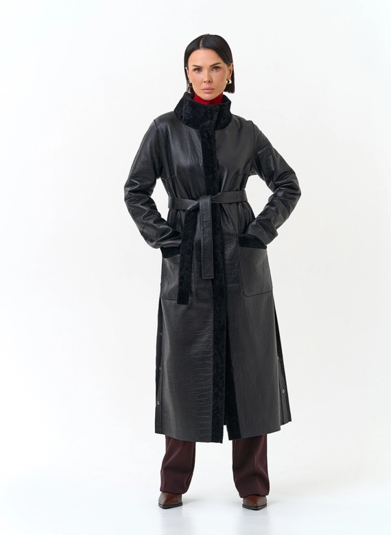 Женская двухсторонняя дубленка с поясом фото