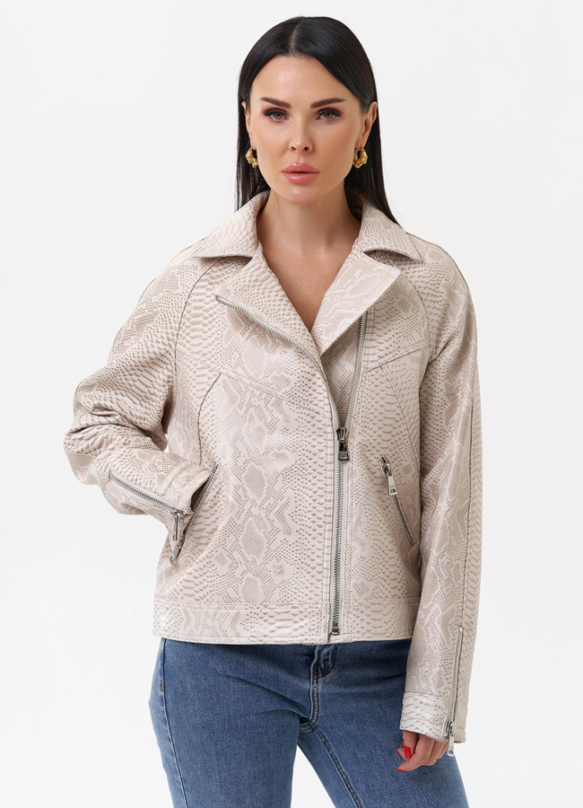 Светлая куртка из натуральной кожи с принтом змея модель № 4443 универмаг малина