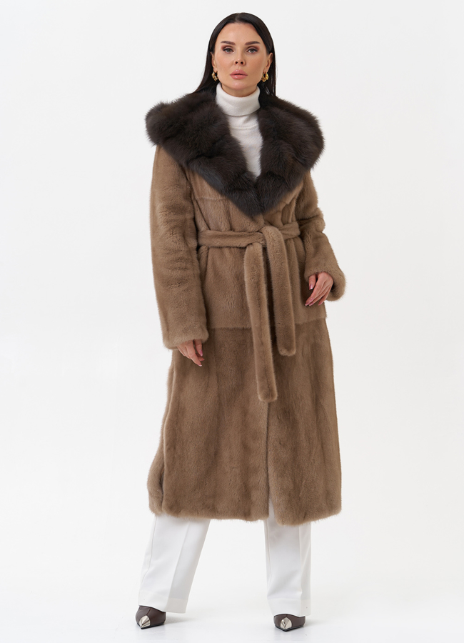 фото Длинная шуба из норки с куницей модель № 29531