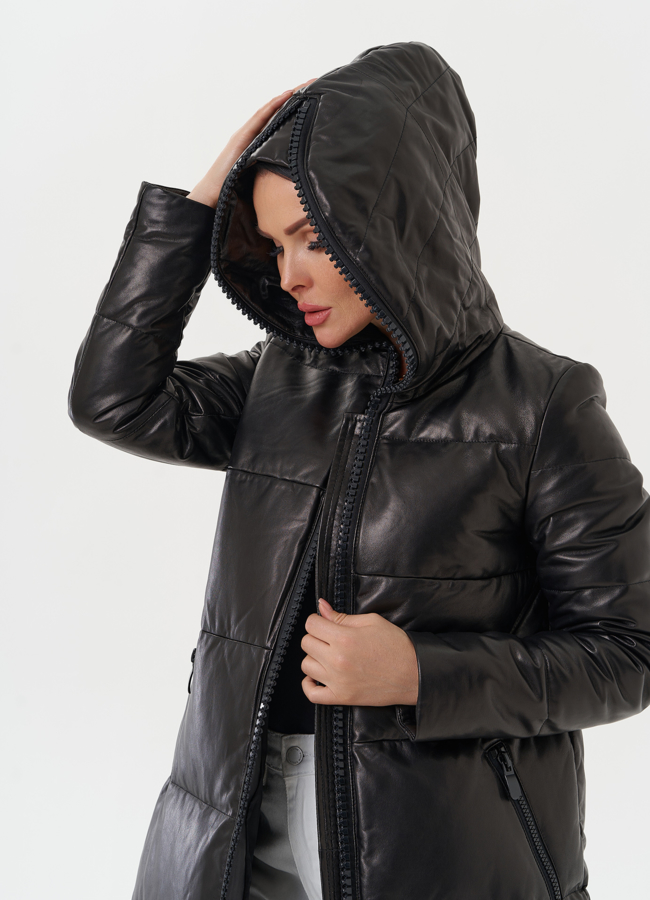 Кожаный пуховик с капюшоном модель № 15013 универмаг малина