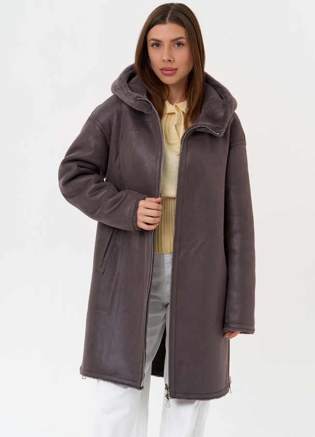 Женская двухсторонняя дубленка из эко замши с капюшоном модель № 31435 универмаг малина