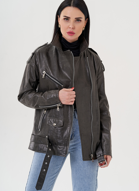 Длинная косуха из натуральной кожи серого цвета